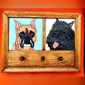 Boxer & Bouvier Dog leash hook plaque by  "Pumpkin Tile Inc."  Wooden/Ceramic